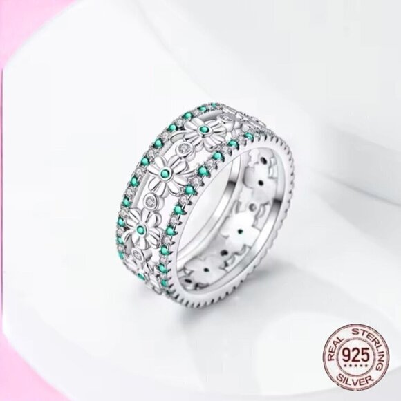 NWT Four Leaf Clover Band Ring S925 Sterling Silver Green Clear Zircon Sz. 7 - Picture 5 of 10